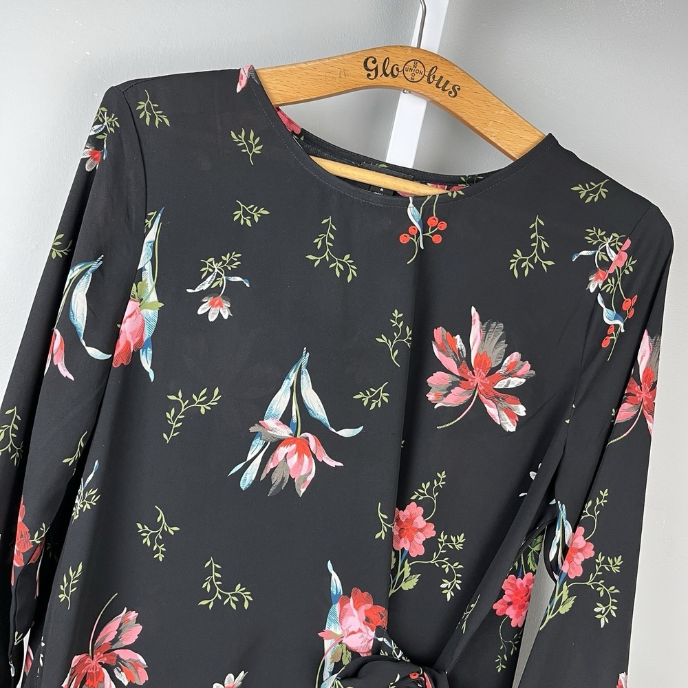 Ann Taylor Blouse Top Womens M Black Floral Print Side Tie Career Long Sleeve